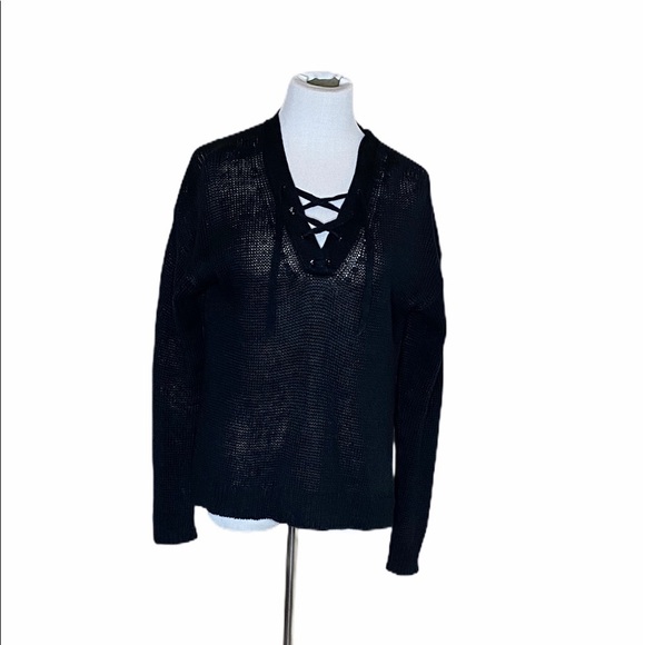 J. CREW Linen Lace-Up V neck Sweater Black - Picture 2 of 7